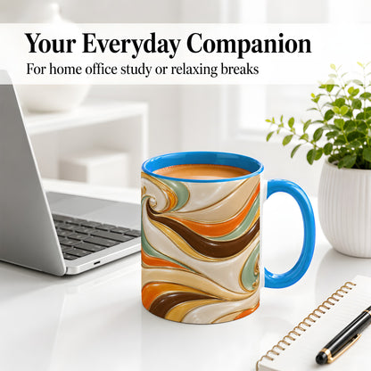 #pl[11oz|Blue] Retro Abstract Waves Ceramic Mug, Orange Green Swirl Art