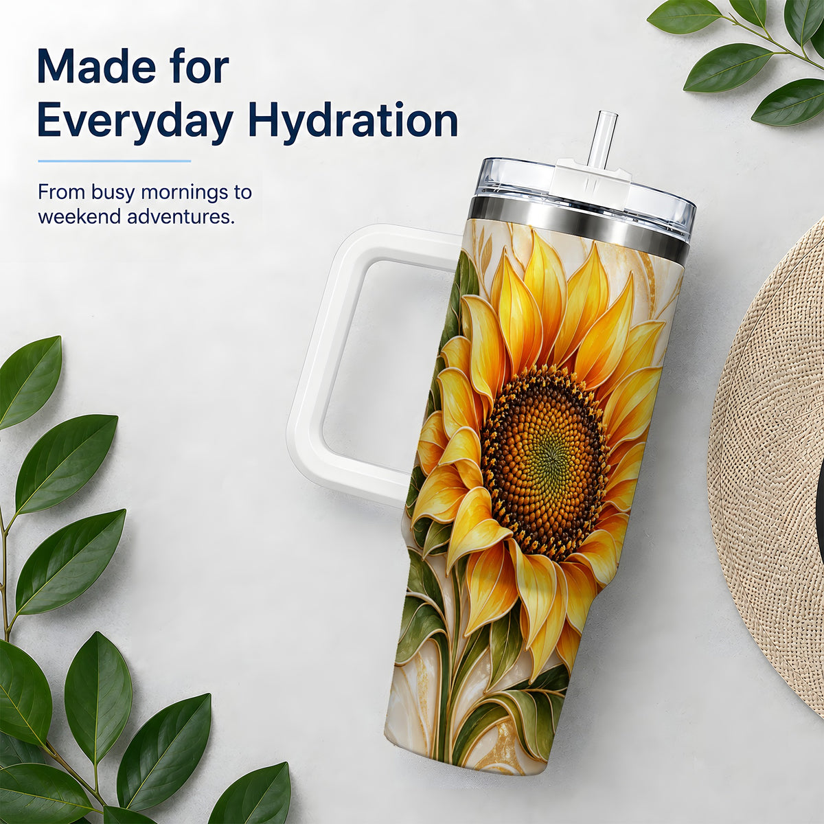 Golden Sunflower Tumbler, 40oz Tumbler with Gold Botanical Artwork