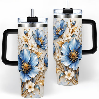 #pl[40oz|Black] Blue Floral Tumbler, 40oz Tumbler with Gold Accent Botanical Artwork