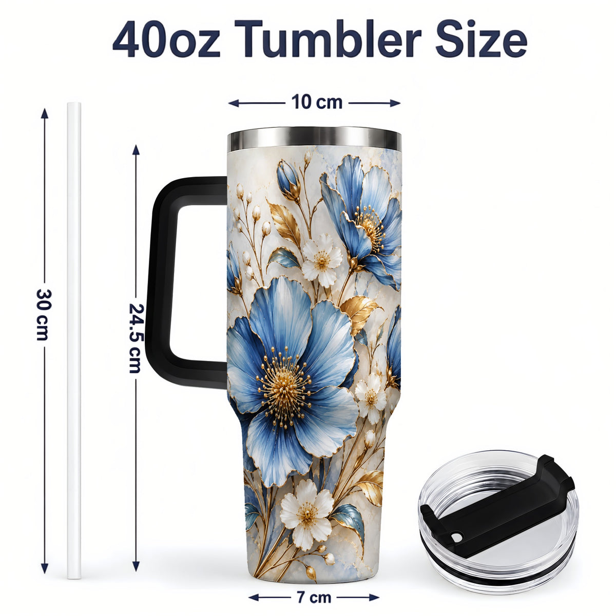 #pl[40oz|Black] Blue Floral Tumbler, 40oz Tumbler with Gold Accent Botanical Artwork