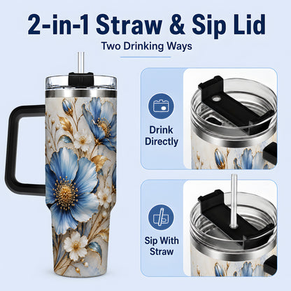 #pl[40oz|Black] Blue Floral Tumbler, 40oz Tumbler with Gold Accent Botanical Artwork