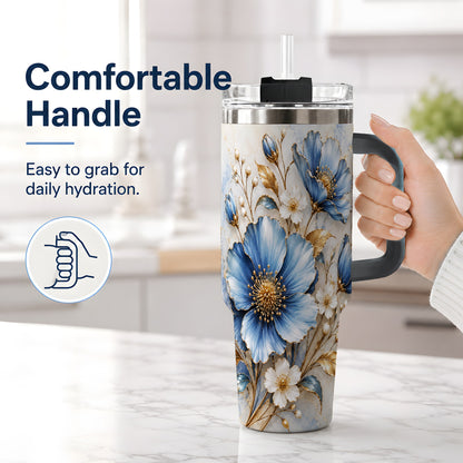 #pl[40oz|Black] Blue Floral Tumbler, 40oz Tumbler with Gold Accent Botanical Artwork