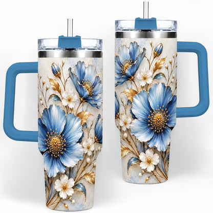 #pl[40oz|Blue] Blue Floral Tumbler, 40oz Tumbler with Gold Accent Botanical Artwork