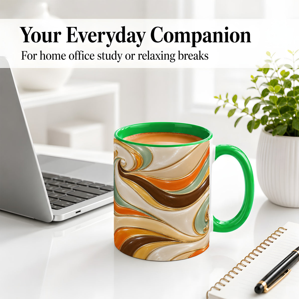 #pl[11oz|Green] Retro Abstract Waves Ceramic Mug, Orange Green Swirl Art