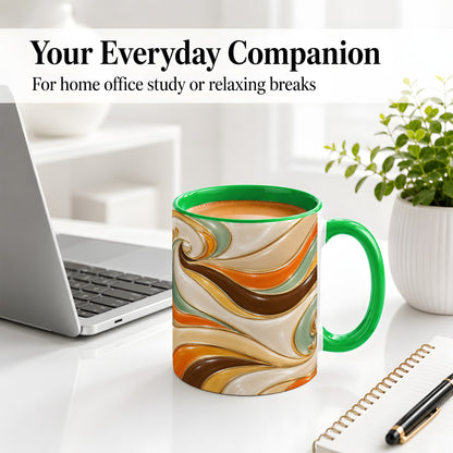#pl[11oz|Green] Retro Abstract Waves Ceramic Mug, Orange Green Swirl Art