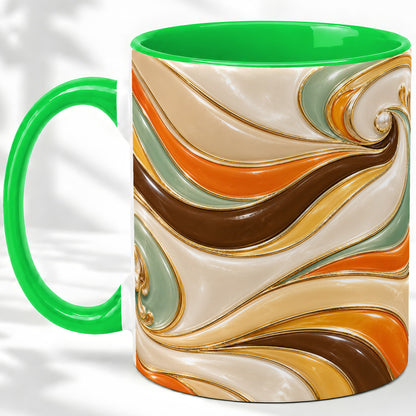 #pl[11oz|Green] Retro Abstract Waves Ceramic Mug, Orange Green Swirl Art