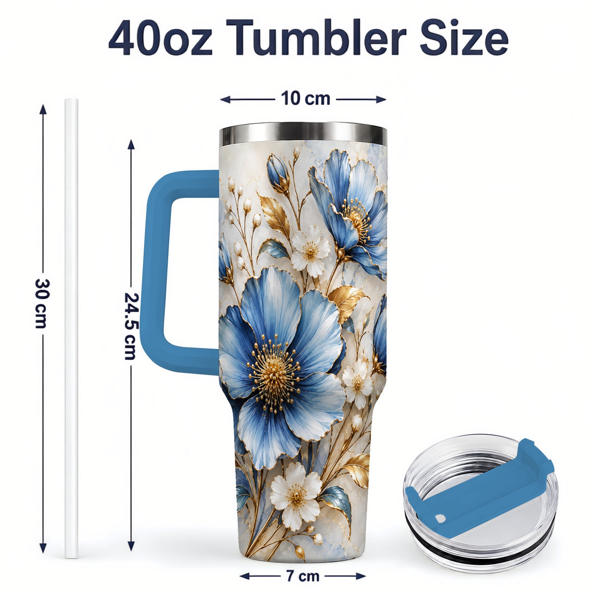 #pl[40oz|Blue] Blue Floral Tumbler, 40oz Tumbler with Gold Accent Botanical Artwork