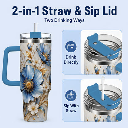 #pl[40oz|Blue] Blue Floral Tumbler, 40oz Tumbler with Gold Accent Botanical Artwork
