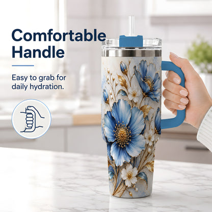 #pl[40oz|Blue] Blue Floral Tumbler, 40oz Tumbler with Gold Accent Botanical Artwork