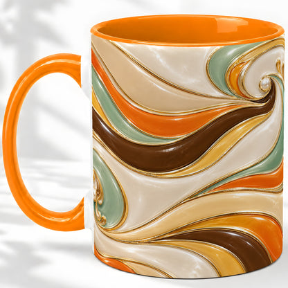 #pl[11oz|Orange] Retro Abstract Waves Ceramic Mug, Orange Green Swirl Art