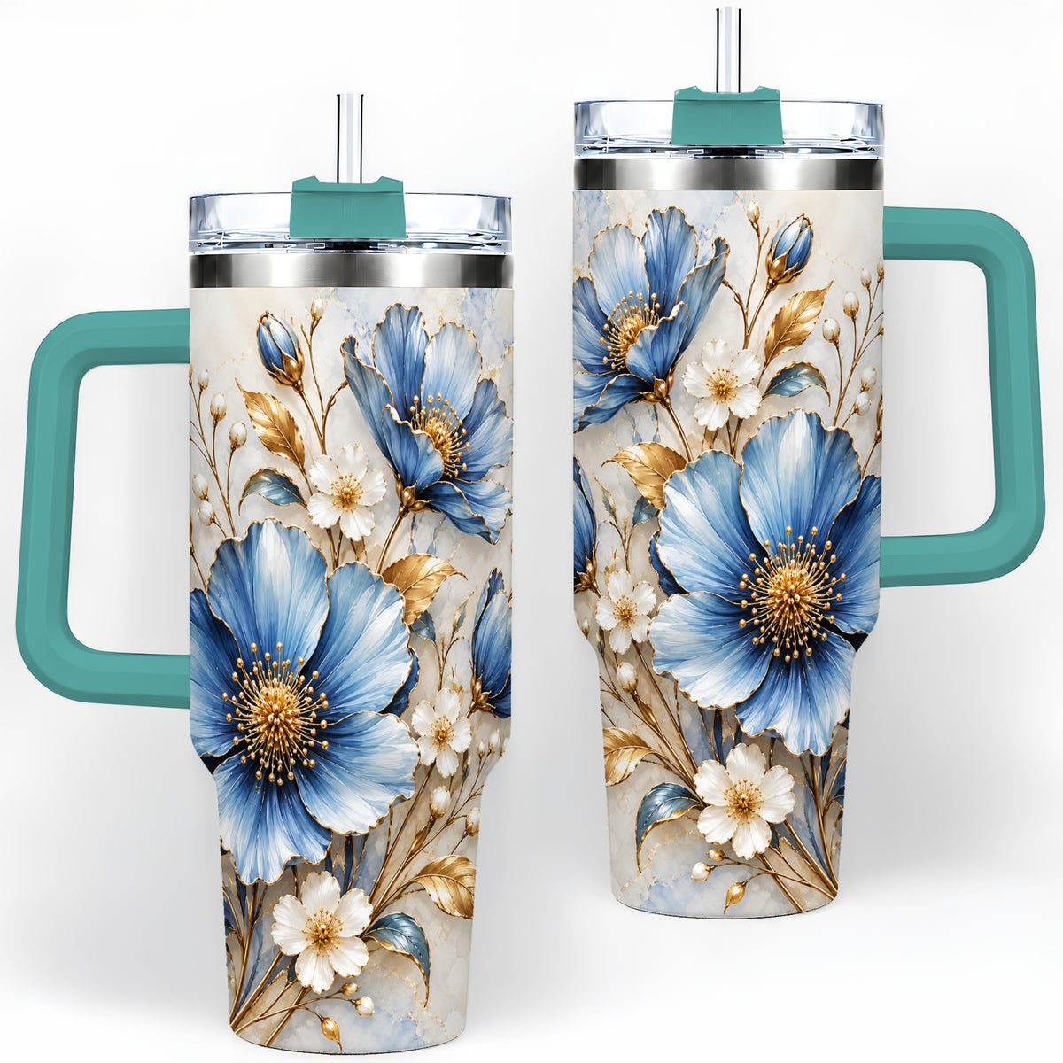 #pl[40oz|Green] Blue Floral Tumbler, 40oz Tumbler with Gold Accent Botanical Artwork