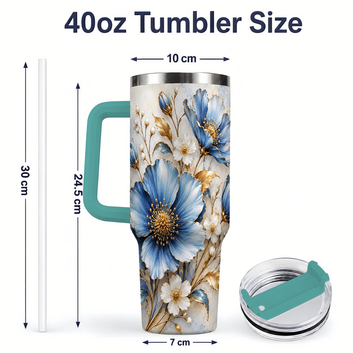 #pl[40oz|Green] Blue Floral Tumbler, 40oz Tumbler with Gold Accent Botanical Artwork