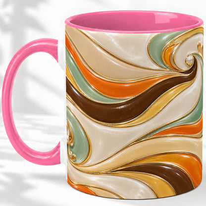 #pl[11oz|Pink] Retro Abstract Waves Ceramic Mug, Orange Green Swirl Art