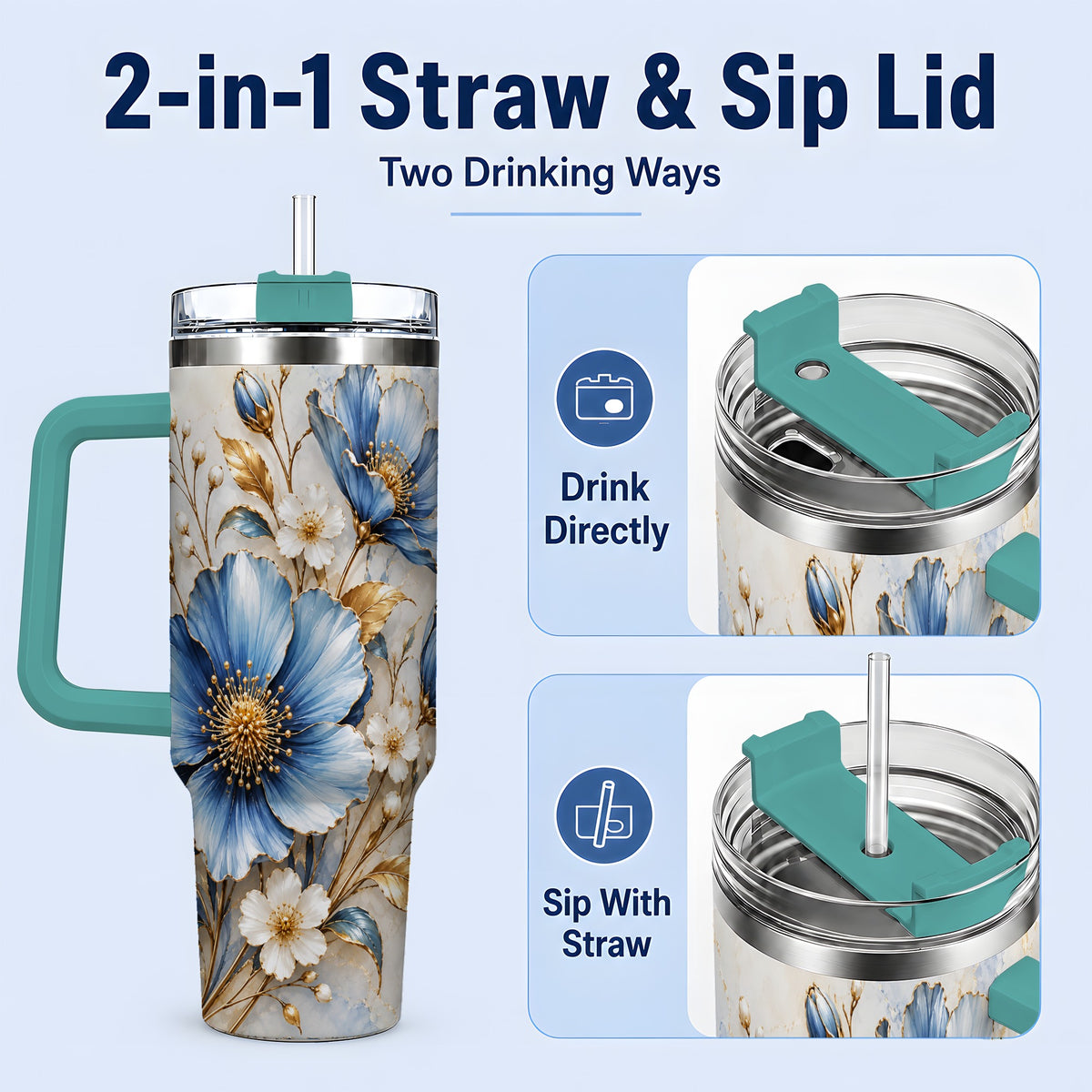 #pl[40oz|Green] Blue Floral Tumbler, 40oz Tumbler with Gold Accent Botanical Artwork