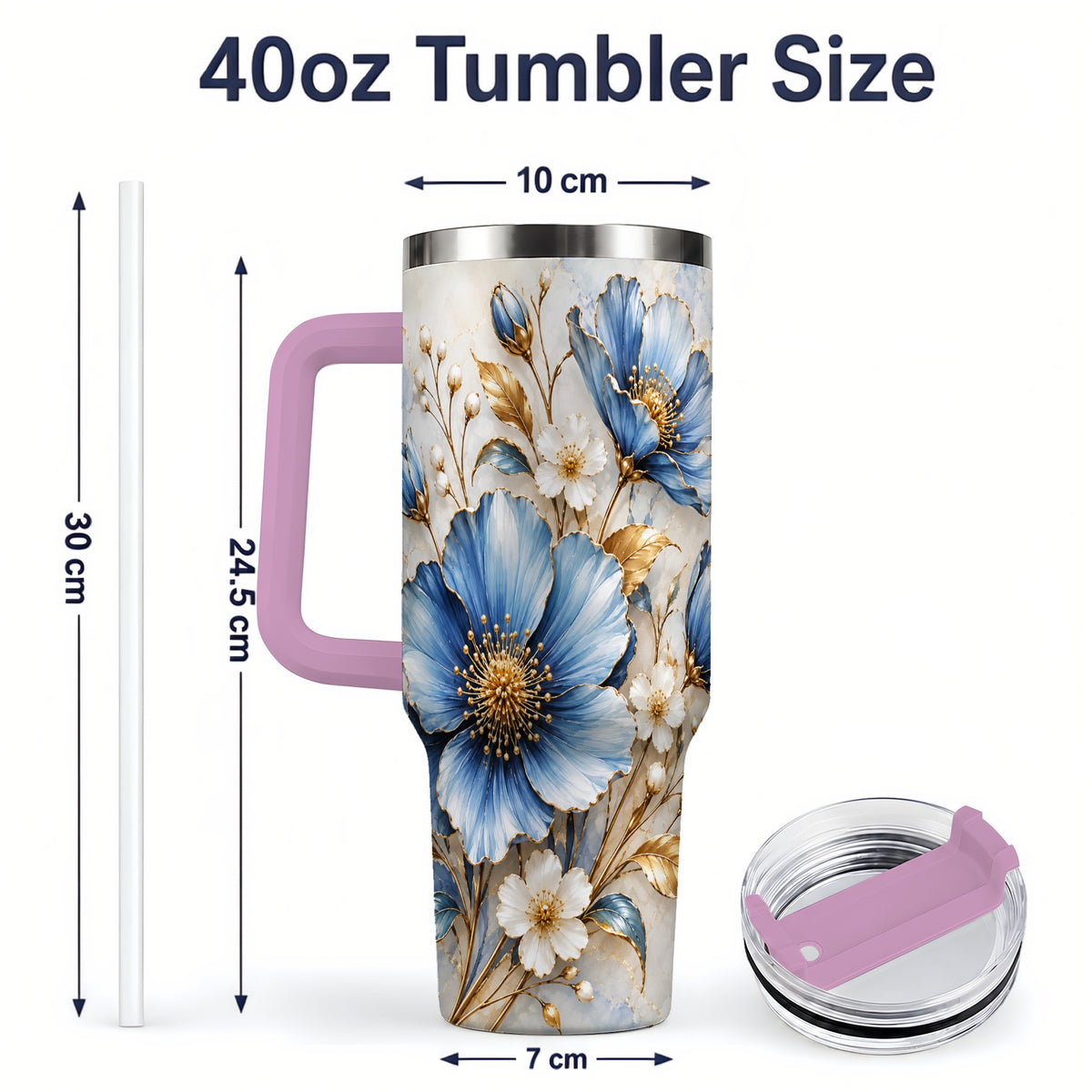 #pl[40oz|Pink] Blue Floral Tumbler, 40oz Tumbler with Gold Accent Botanical Artwork