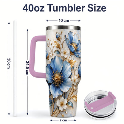 #pl[40oz|Pink] Blue Floral Tumbler, 40oz Tumbler with Gold Accent Botanical Artwork