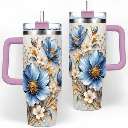 #pl[40oz|Pink] Blue Floral Tumbler, 40oz Tumbler with Gold Accent Botanical Artwork