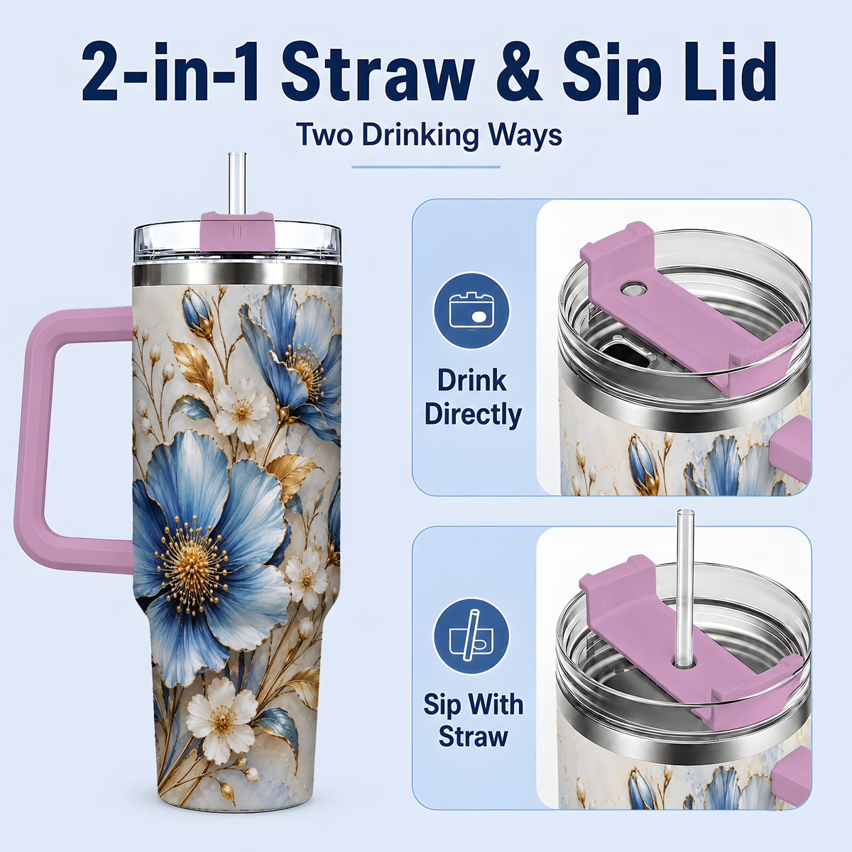 #pl[40oz|Pink] Blue Floral Tumbler, 40oz Tumbler with Gold Accent Botanical Artwork