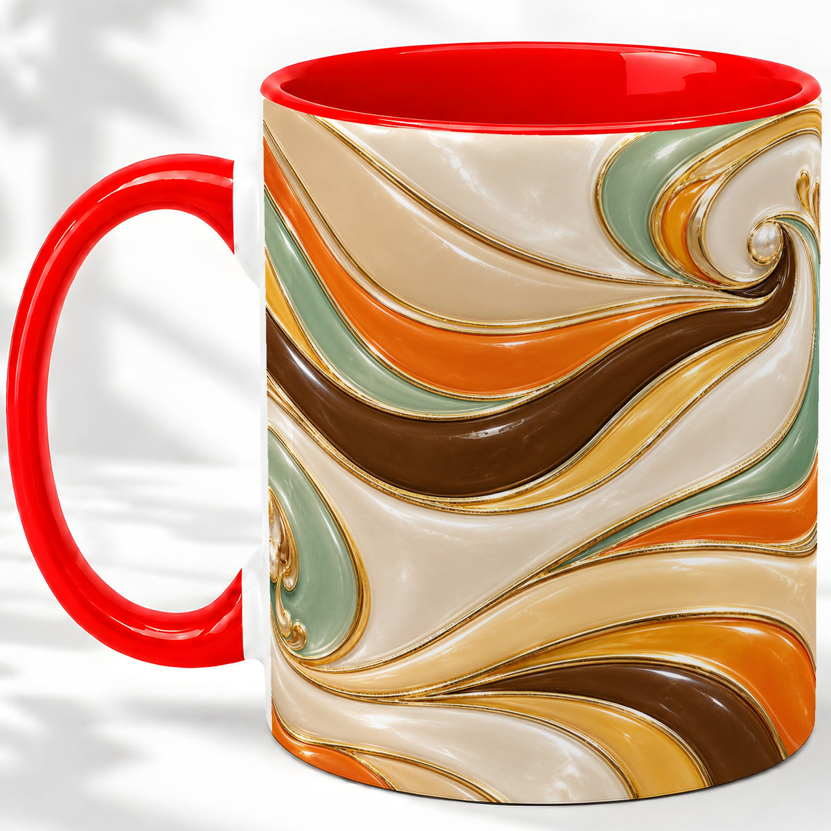 Retro Abstract Waves Ceramic Mug, Orange Green Swirl Art