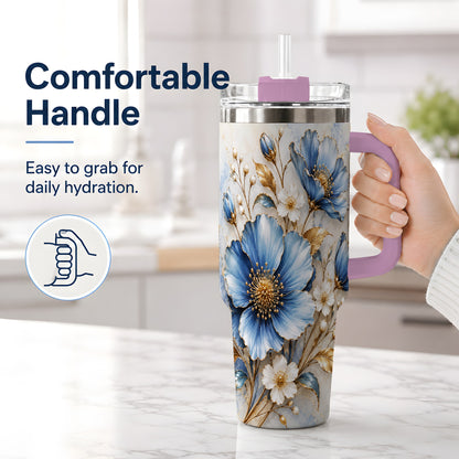 #pl[40oz|Pink] Blue Floral Tumbler, 40oz Tumbler with Gold Accent Botanical Artwork