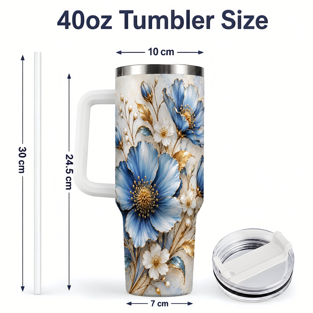 #pl[40oz|White] Blue Floral Tumbler, 40oz Tumbler with Gold Accent Botanical Artwork