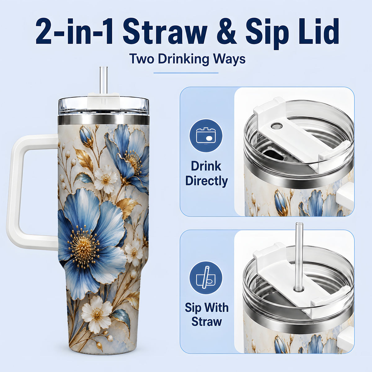 #pl[40oz|White] Blue Floral Tumbler, 40oz Tumbler with Gold Accent Botanical Artwork