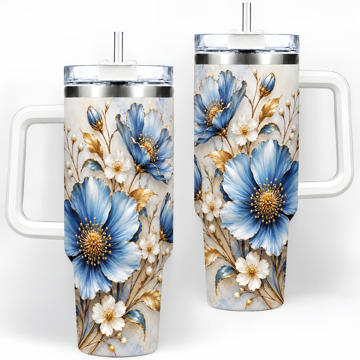 Blue Floral Tumbler, 40oz Tumbler with Gold Accent Botanical Artwork