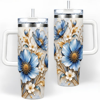 Blue Floral Tumbler, 40oz Tumbler with Gold Accent Botanical Artwork