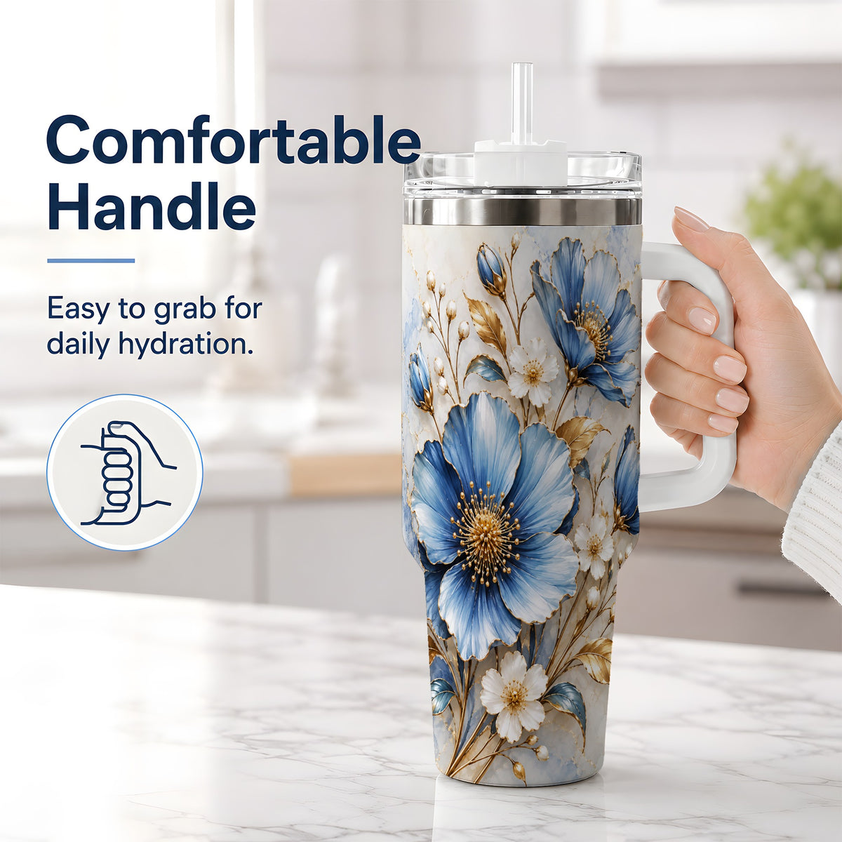 #pl[40oz|White] Blue Floral Tumbler, 40oz Tumbler with Gold Accent Botanical Artwork