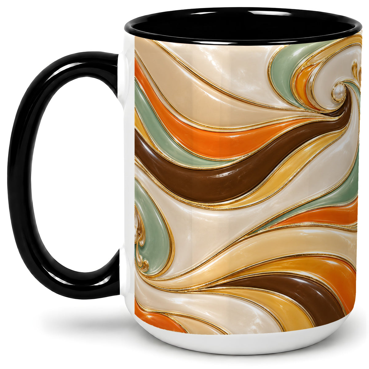#pl[15oz|Black] Retro Abstract Waves Ceramic Mug, Orange Green Swirl Art