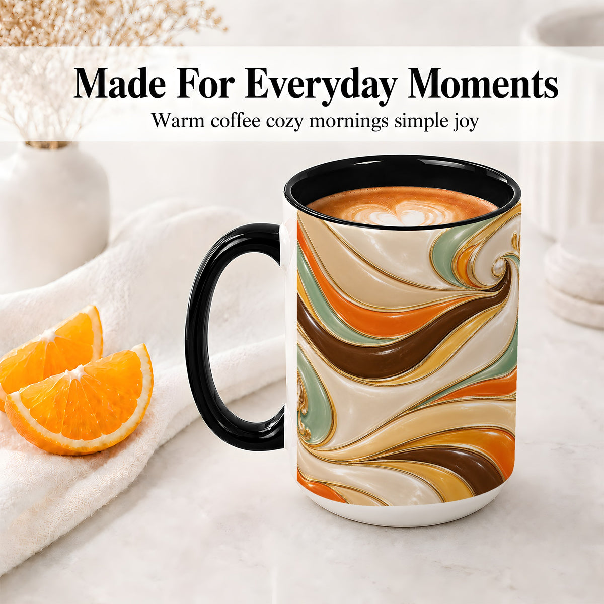 #pl[15oz|Black] Retro Abstract Waves Ceramic Mug, Orange Green Swirl Art