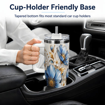 Blue Floral Tumbler, 40oz Tumbler with Gold Accent Botanical Artwork