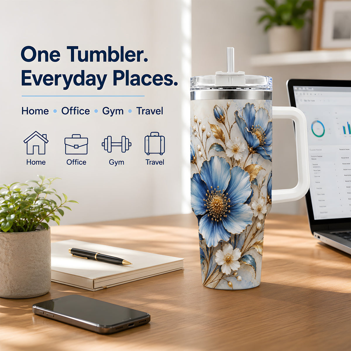 Blue Floral Tumbler, 40oz Tumbler with Gold Accent Botanical Artwork