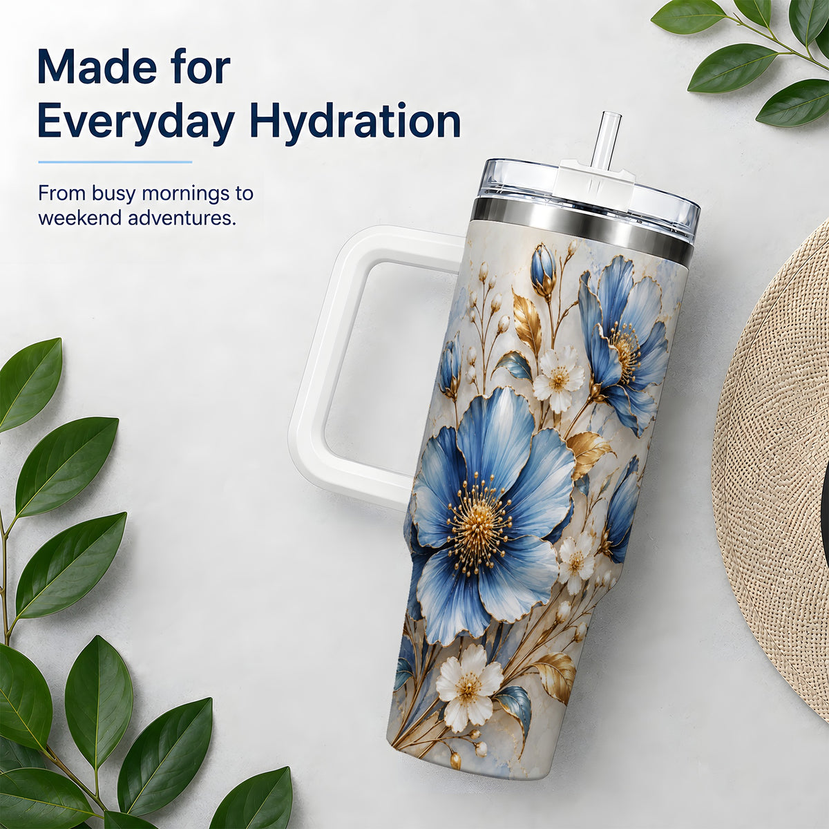 Blue Floral Tumbler, 40oz Tumbler with Gold Accent Botanical Artwork