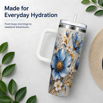 Blue Floral Tumbler, 40oz Tumbler with Gold Accent Botanical Artwork