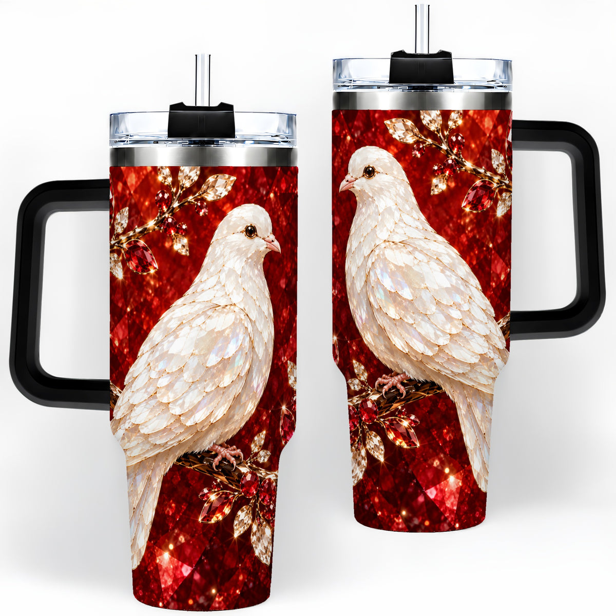 #pl[40oz|Black] White Dove Tumbler, 40oz Tumbler with Red Jewel Botanical Artwork