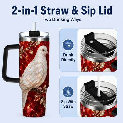 #pl[40oz|Black] White Dove Tumbler, 40oz Tumbler with Red Jewel Botanical Artwork