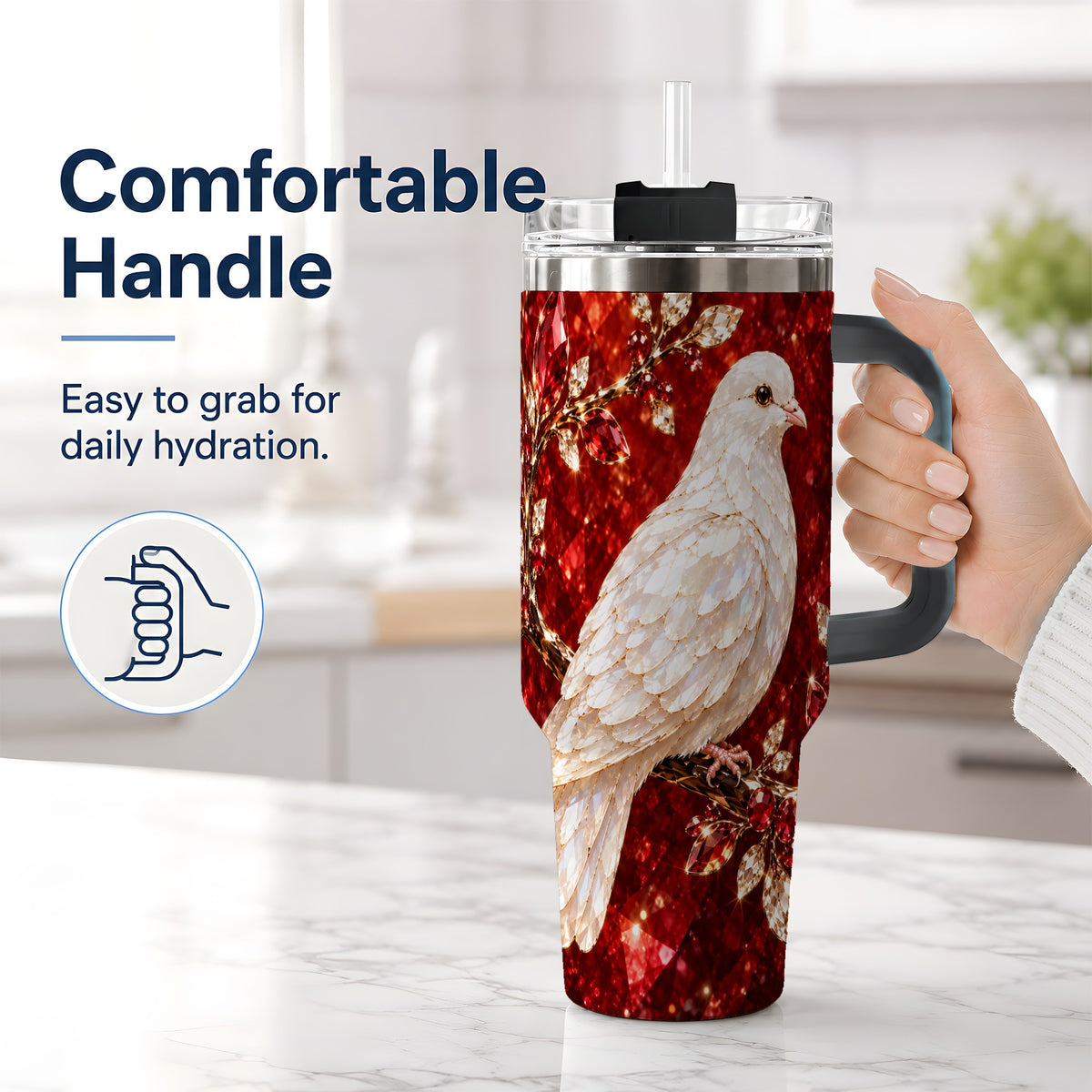 #pl[40oz|Black] White Dove Tumbler, 40oz Tumbler with Red Jewel Botanical Artwork
