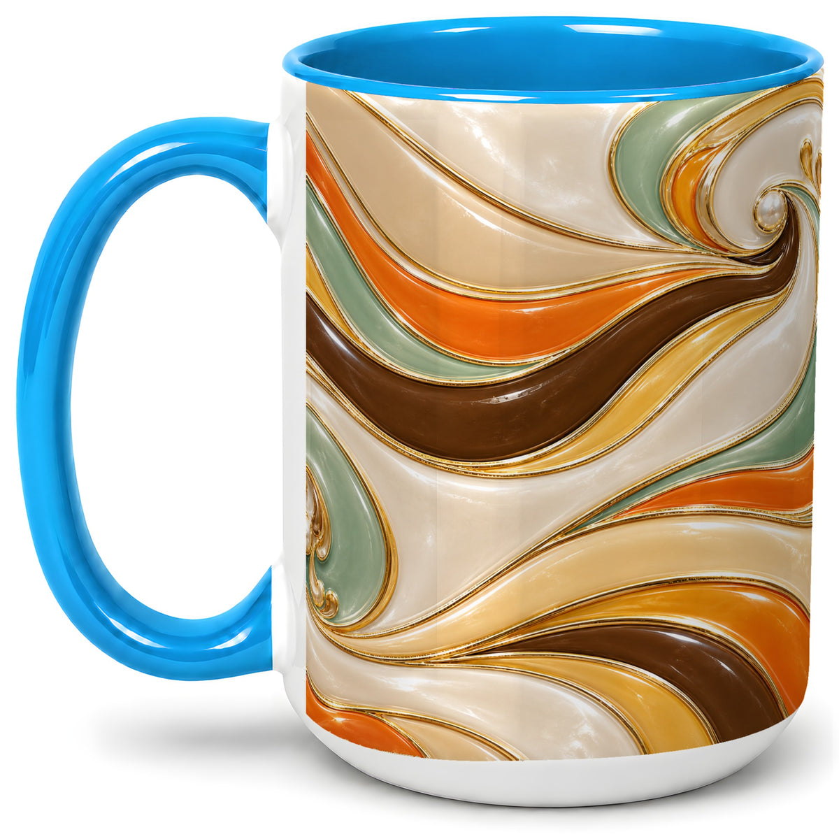 #pl[15oz|Blue] Retro Abstract Waves Ceramic Mug, Orange Green Swirl Art
