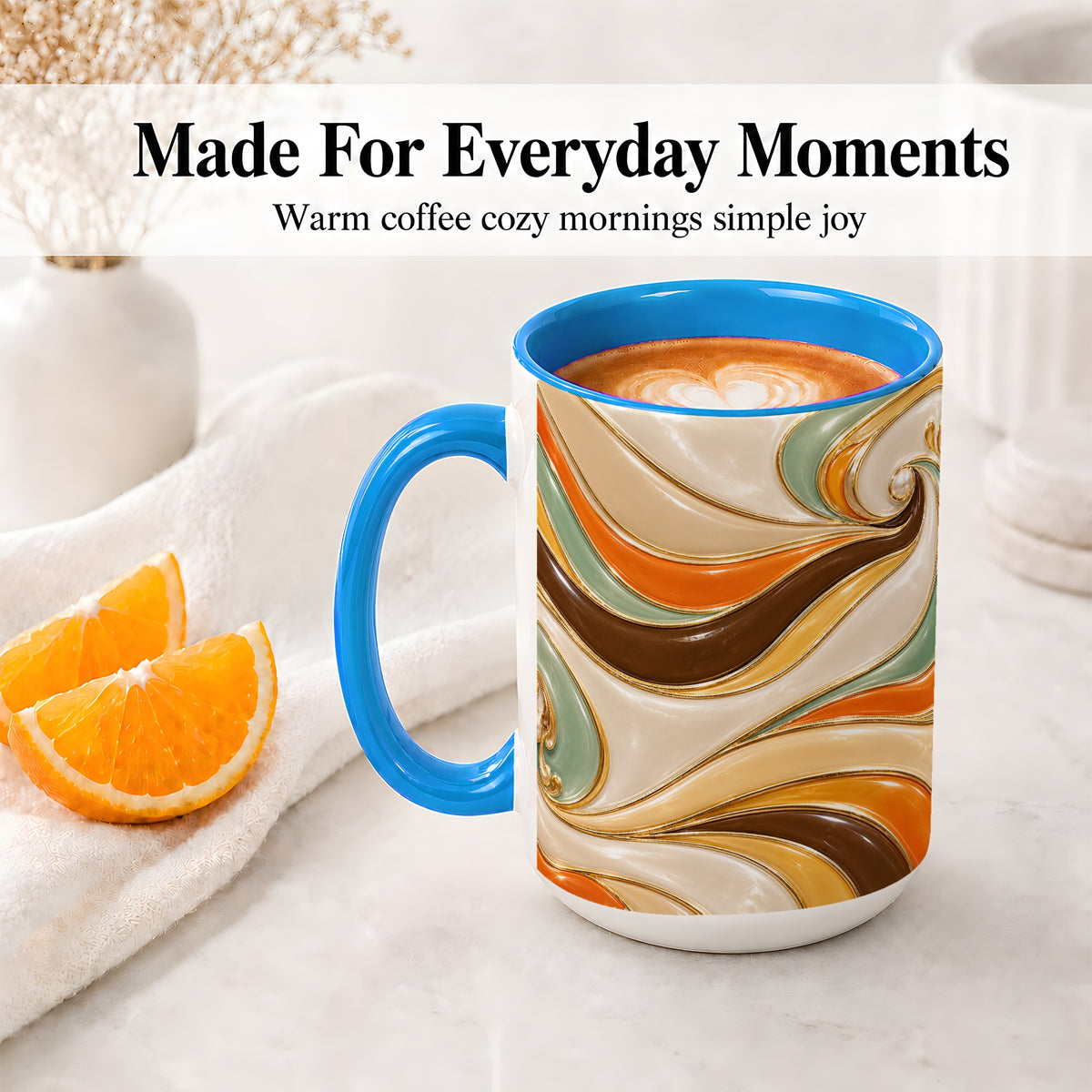 #pl[15oz|Blue] Retro Abstract Waves Ceramic Mug, Orange Green Swirl Art
