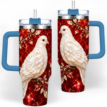 #pl[40oz|Blue] White Dove Tumbler, 40oz Tumbler with Red Jewel Botanical Artwork