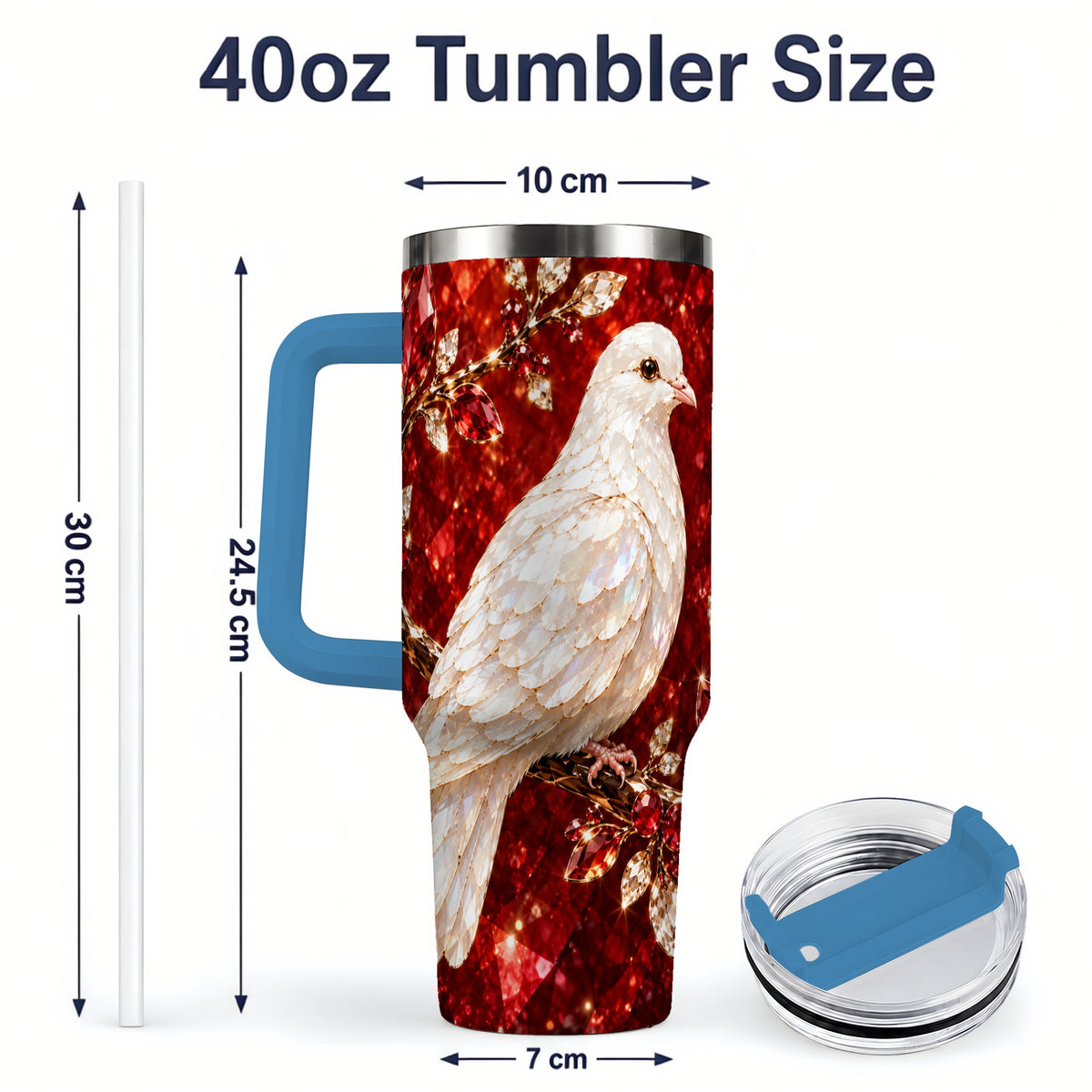 #pl[40oz|Blue] White Dove Tumbler, 40oz Tumbler with Red Jewel Botanical Artwork