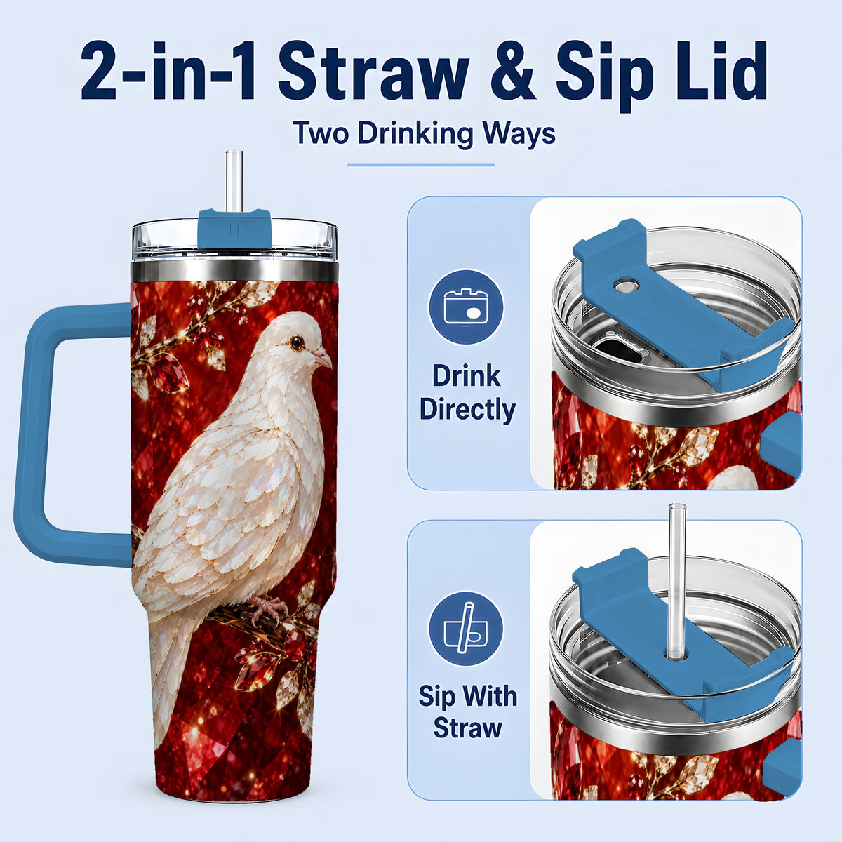 #pl[40oz|Blue] White Dove Tumbler, 40oz Tumbler with Red Jewel Botanical Artwork