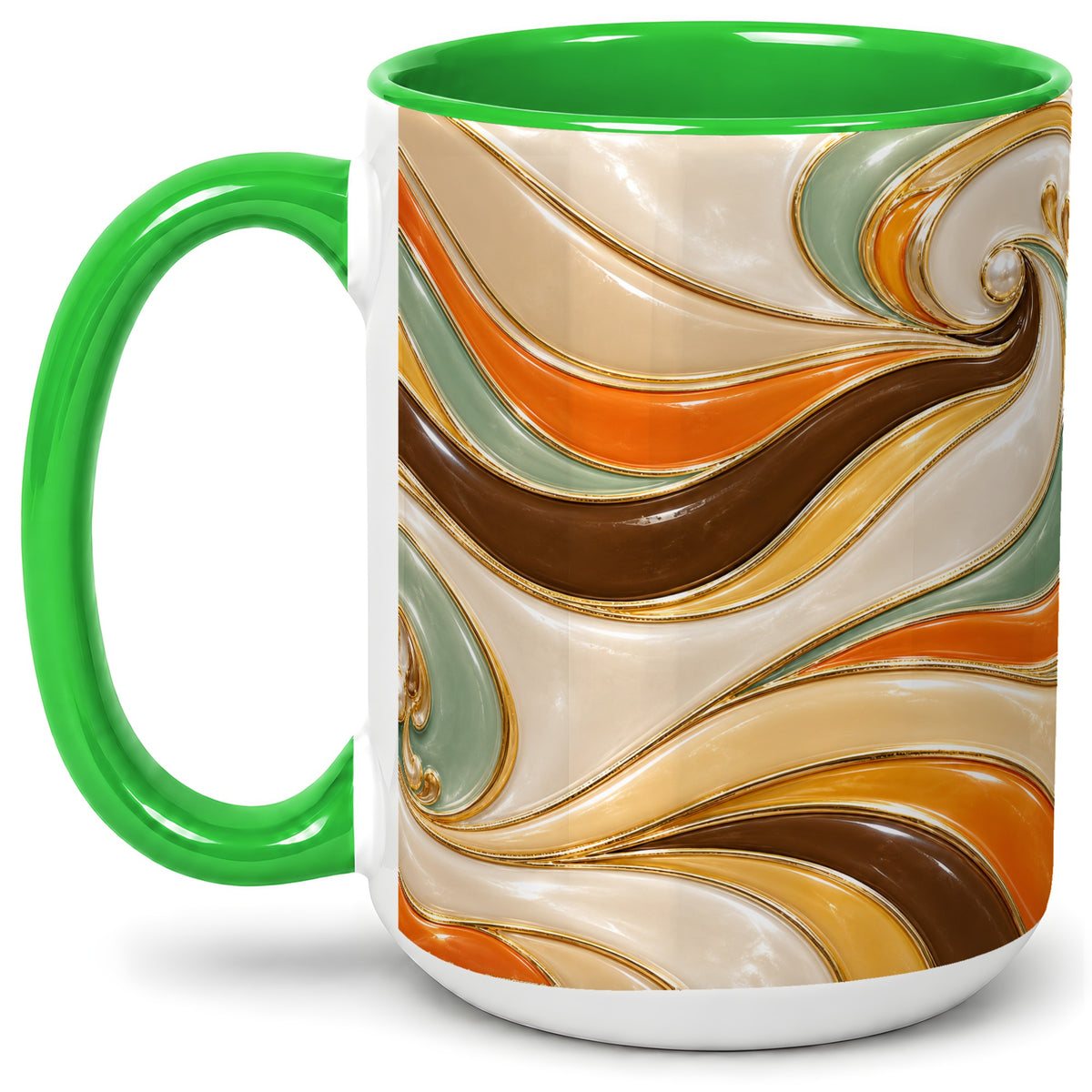 #pl[15oz|Green] Retro Abstract Waves Ceramic Mug, Orange Green Swirl Art