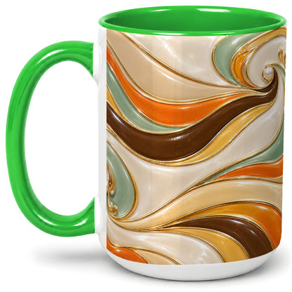 #pl[15oz|Green] Retro Abstract Waves Ceramic Mug, Orange Green Swirl Art