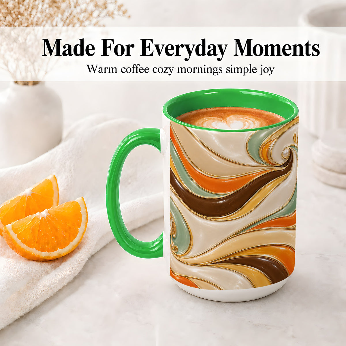 #pl[15oz|Green] Retro Abstract Waves Ceramic Mug, Orange Green Swirl Art