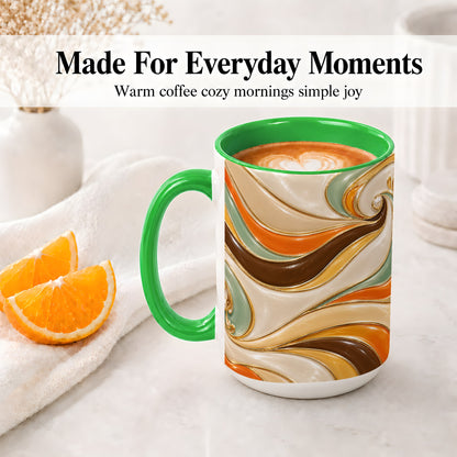#pl[15oz|Green] Retro Abstract Waves Ceramic Mug, Orange Green Swirl Art