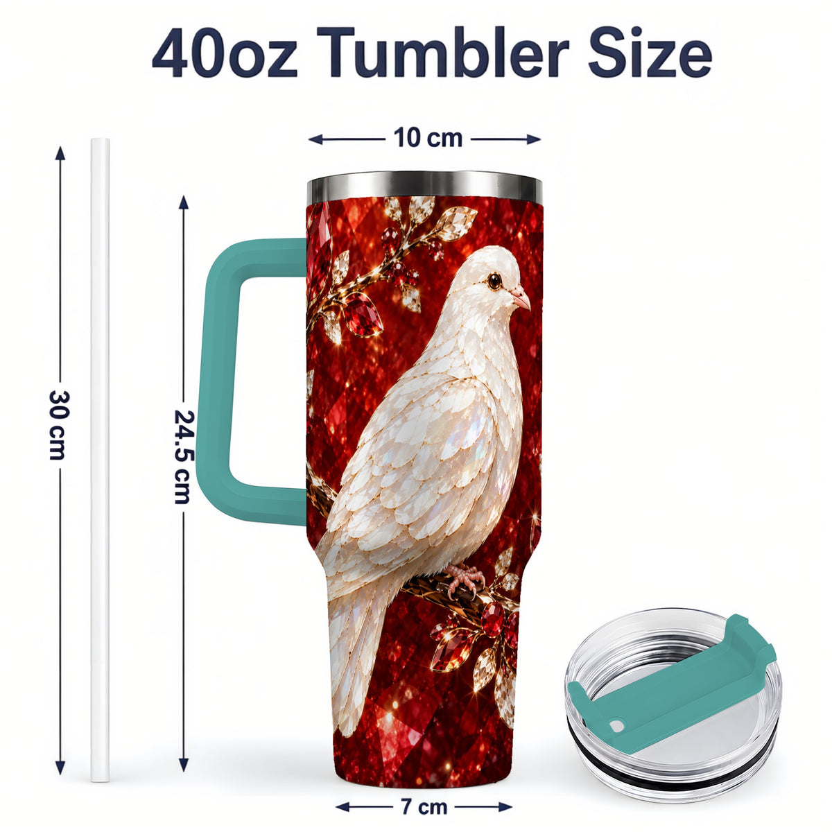 #pl[40oz|Green] White Dove Tumbler, 40oz Tumbler with Red Jewel Botanical Artwork