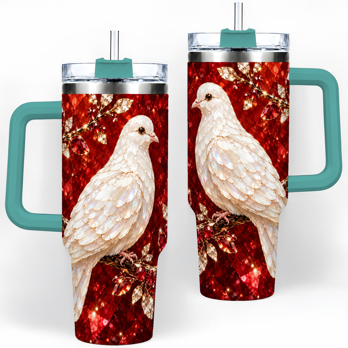 #pl[40oz|Green] White Dove Tumbler, 40oz Tumbler with Red Jewel Botanical Artwork
