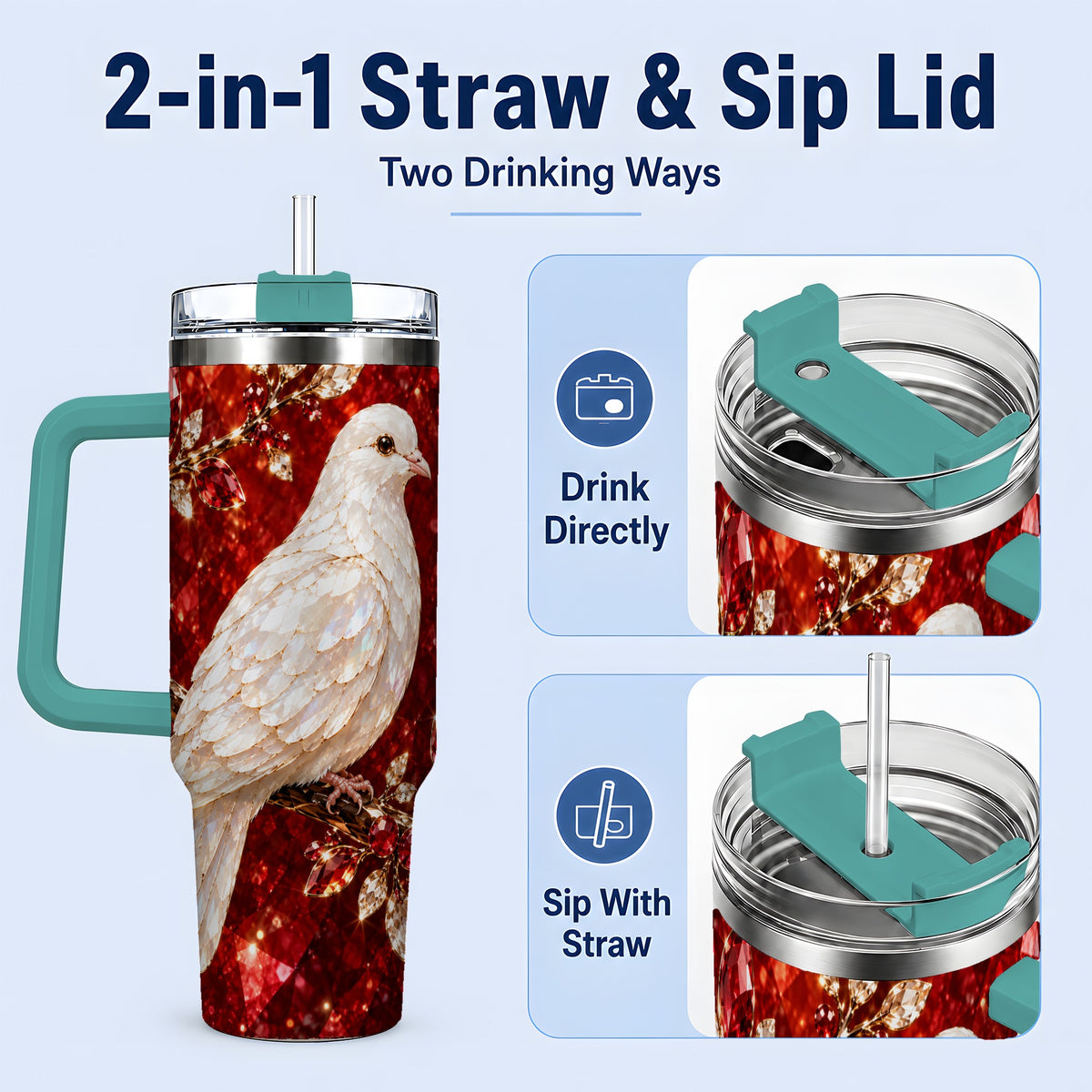 #pl[40oz|Green] White Dove Tumbler, 40oz Tumbler with Red Jewel Botanical Artwork